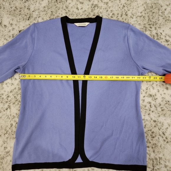 Misook SZ L Periwinkle 3/4 Sleeve Open Front Black Trim Dressy Cardigan - Picture 8 of 8